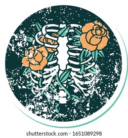 iconic distressed sticker tattoo style image of a rib cage and flowers