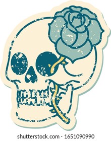 icônico estilo de tatuagem adesivo angustiado imagem de um crânio e rosa