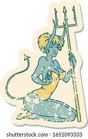 iconic distressed sticker tattoo style image of a pinup devil girl