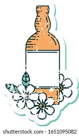 iconic distressed sticker tattoo style image of a rum bottle and flowers