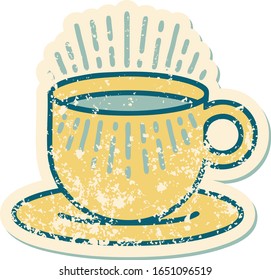 iconic distressed sticker tattoo style image of cup of coffee