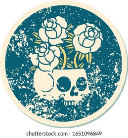 iconic distressed sticker tattoo style image of a skull and roses