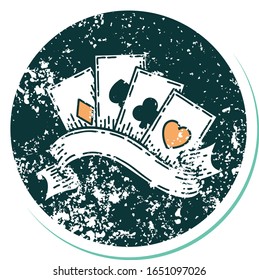 iconic distressed sticker tattoo style image of cards and banner
