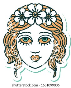 iconic distressed sticker tattoo style image of female face with crown of flowers