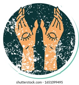 iconic distressed sticker tattoo style image of mystic hands