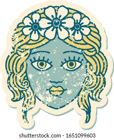 iconic distressed sticker tattoo style image of female face with crown of flowers