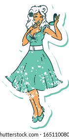 iconic distressed sticker tattoo style image of a pinup surprised girl