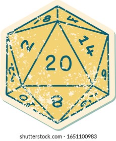 iconic distressed sticker tattoo style image of a d20 dice