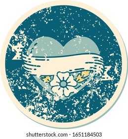 iconic distressed sticker tattoo style image of a heart and banner with flowers