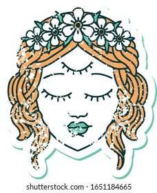 iconic distressed sticker tattoo style image of female face with third eye