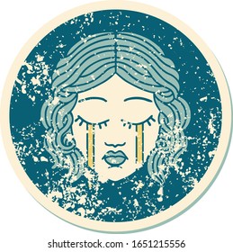 iconic distressed sticker tattoo style image of female face crying