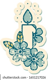 iconic distressed sticker tattoo style image of a candle and flowers