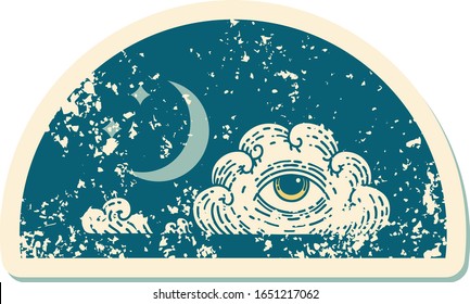 iconic distressed sticker tattoo style image of moon stars and cloud