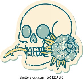 iconic distressed sticker tattoo style image of a skull and rose