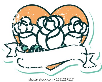 iconic distressed sticker tattoo style image of a heart and banner with flowers