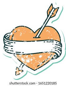 iconic distressed sticker tattoo style image of an arrow heart and banner