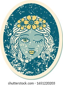 iconic distressed sticker tattoo style image of a maiden with crown of flowers winking