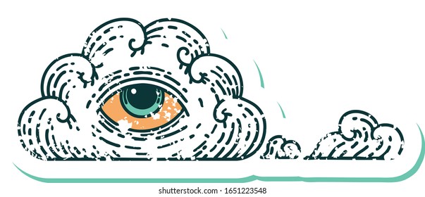 iconic distressed sticker tattoo style image of an all seeing eye cloud