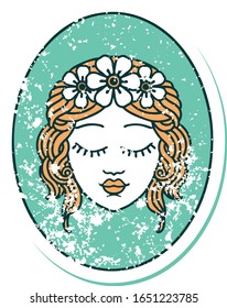 iconic distressed sticker tattoo style image of a maiden with eyes closed