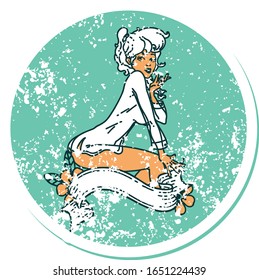 iconic distressed sticker tattoo style image of a pinup girl wearing a shirt with banner