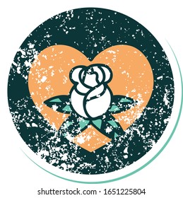 iconic distressed sticker tattoo style image of a heart and flowers