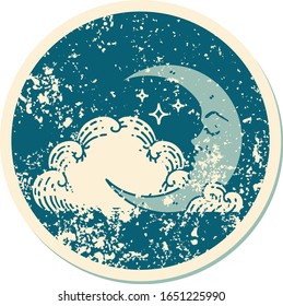 iconic distressed sticker tattoo style image of a crescent moon and clouds