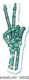 iconic distressed sticker tattoo style image of a skeleton giving a peace sign 