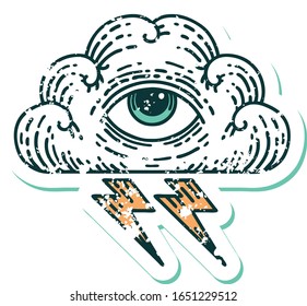 iconic distressed sticker tattoo style image of an all seeing eye cloud