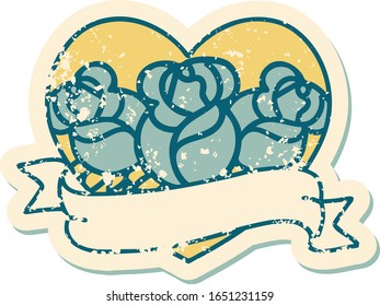 iconic distressed sticker tattoo style image of a heart and banner with flowers