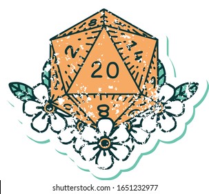 iconic distressed sticker tattoo style image of a d20