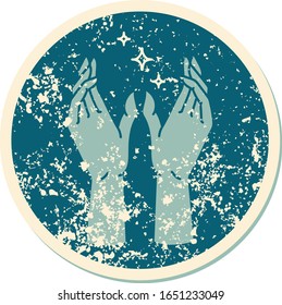 iconic distressed sticker tattoo style image of mystic hands