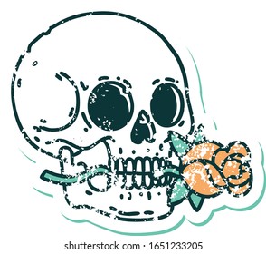 iconic distressed sticker tattoo style image of a skull and rose