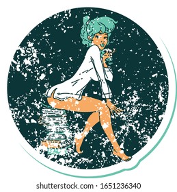 iconic distressed sticker tattoo style image of a pinup girl sitting on books
