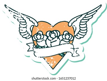 iconic distressed sticker tattoo style image of heart with wings flowers and banner