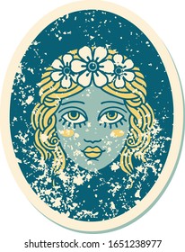 iconic distressed sticker tattoo style image of a maiden with flowers in her hair