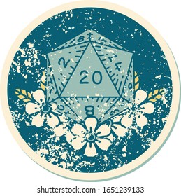 iconic distressed sticker tattoo style image of a d20