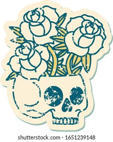 iconic distressed sticker tattoo style image of a skull and roses