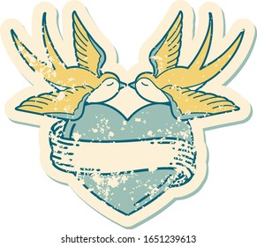 iconic distressed sticker tattoo style image of swallows and a heart with banner