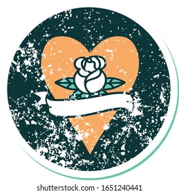 iconic distressed sticker tattoo style image of a heart rose and banner 