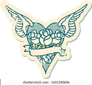 iconic distressed sticker tattoo style image of a flying heart with flowers and banner