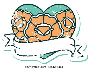 iconic distressed sticker tattoo style image of a heart and banner with flowers