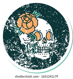 iconic distressed sticker tattoo style image of a skull and rose