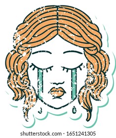 iconic distressed sticker tattoo style image of female face crying