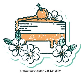 iconic distressed sticker tattoo style image of a slice of cake and flowers