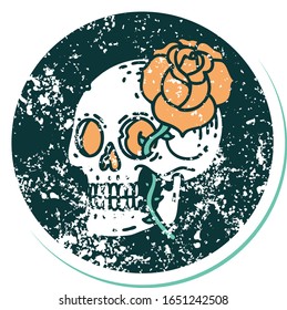 iconic distressed sticker tattoo style image of a skull and rose