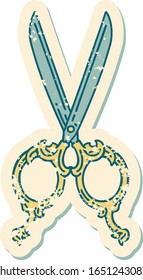 iconic distressed sticker tattoo style image of barber scissors