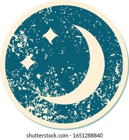 iconic distressed sticker tattoo style image of a moon and stars