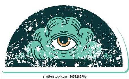 iconic distressed sticker tattoo style image of an all seeing eye cloud