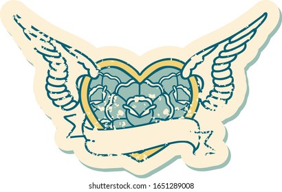iconic distressed sticker tattoo style image of a flying heart with flowers and banner