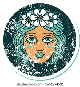iconic distressed sticker tattoo style image of female face with crown of flowers